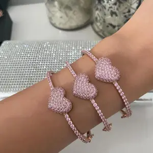 Rose Gold Color Pink Cubic Zirconia CZ Heart Bangle Bracelet For Women 2026 New Pink Pinky Girl Jewelry