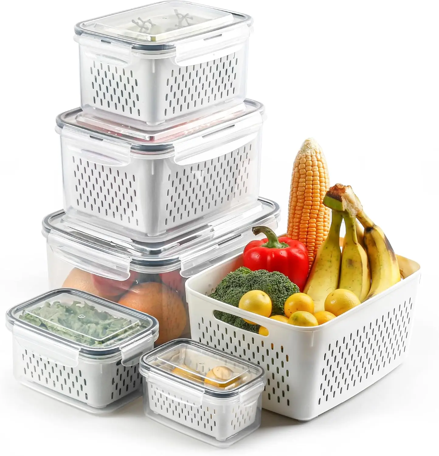 5-Pack Fruit Storage Containers for Fridge with Removable Colanders, 4 in 1 Produce Storage Containers with Lids, Leakproof Fridge Organizer Bins for Salad Berry Lettuce Vegetables Meat Keeper Fresh