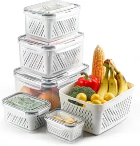 5-Pack Fruit Storage Containers for Fridge with Removable Colanders, 4 in 1 Produce Storage Containers with Lids, Leakproof Fridge Organizer Bins for Salad Berry Lettuce Vegetables Meat Keeper Fresh
