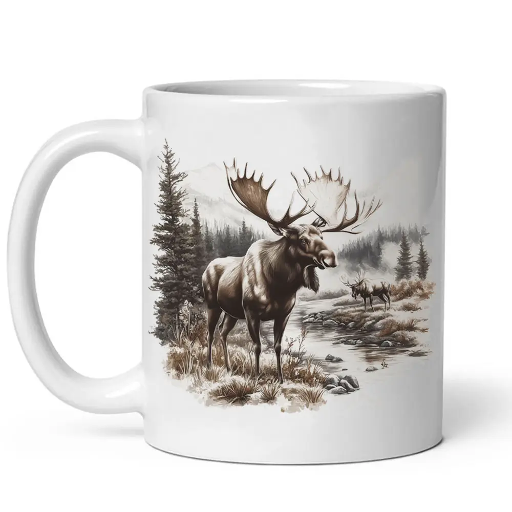 Retro Bull Moose Wilderness Scene Mug - 90s Moose Wildlife Sweatshirt - Winter Mountain Black Mug #425