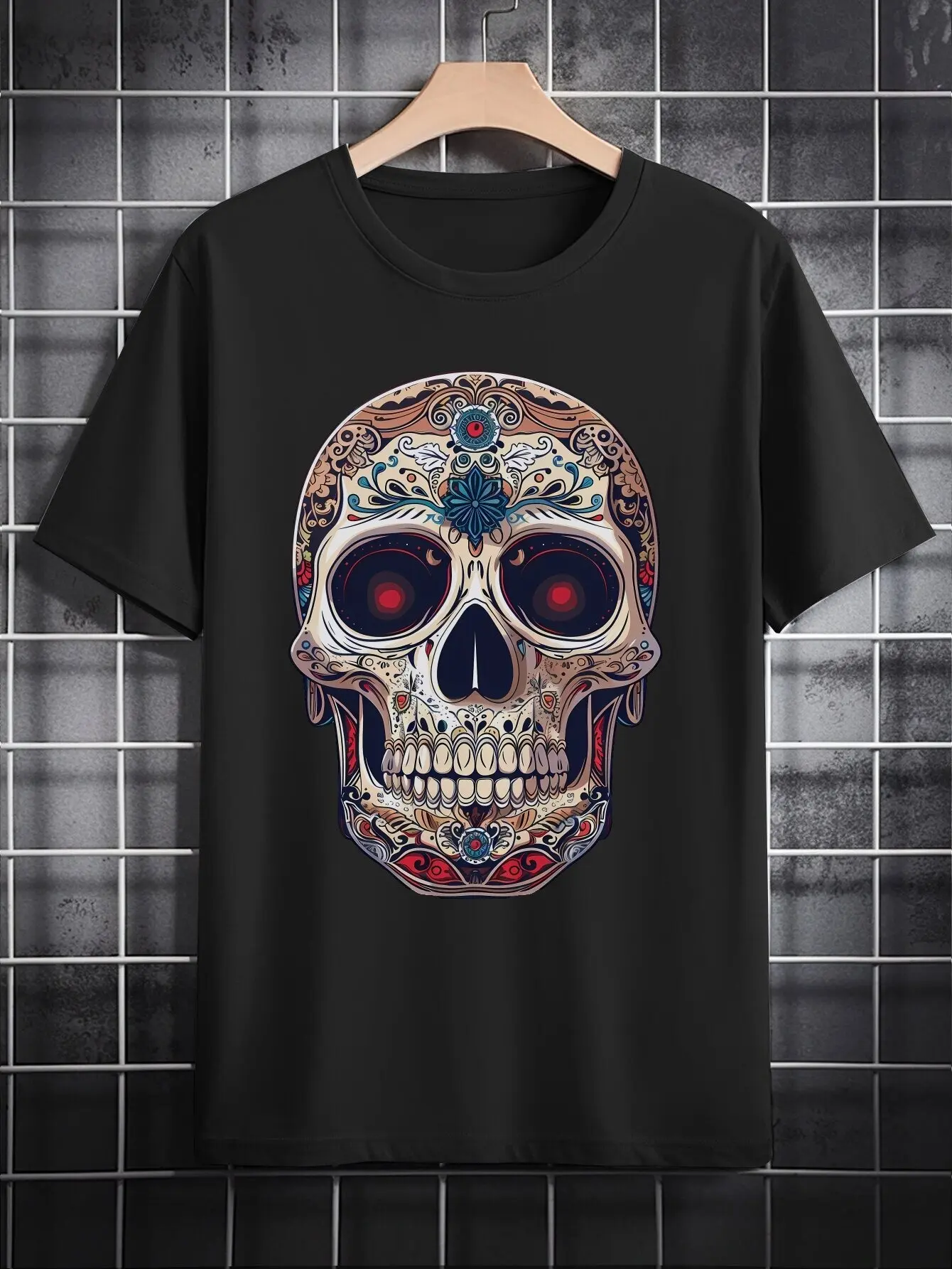 Men's Mexican Candy Skull T-Shirt-Day of Death Inspired T-Shirt with Red Eyes and Floral Design-Loose Round Neck Short Sleeves-Breathable Shirt for Halloween, Day of the Dead Party, Casual Street Dress-Bold Print Mexican Culture Costume