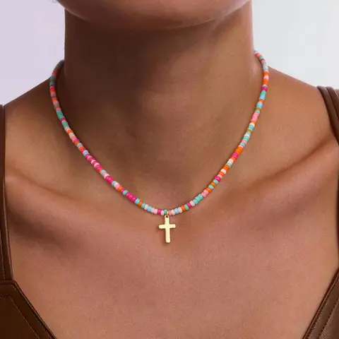 VENOCO Women's 14K Gold Plated Cross Necklace - Cubic Zirconia Crucifix Choker with Box Chain & Pearl Beads Link, Shiny Rhinestone Cross Necklaces, Minimalist Daily Jewelry for Women Gift