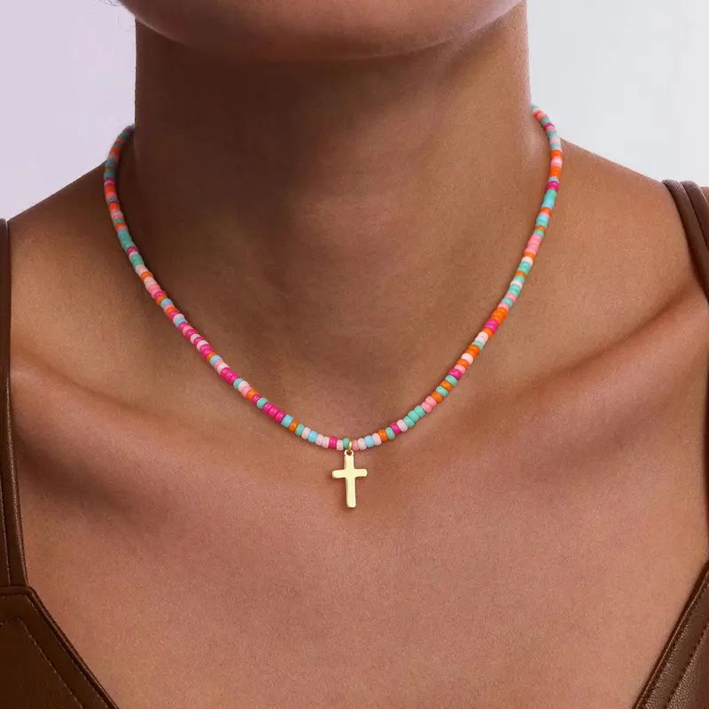 VENOCO Women's 14K Gold Plated Cross Necklace - Cubic Zirconia Crucifix Choker with Box Chain & Pearl Beads Link, Shiny Rhinestone Cross Necklaces, Minimalist Daily Jewelry for Women Gift