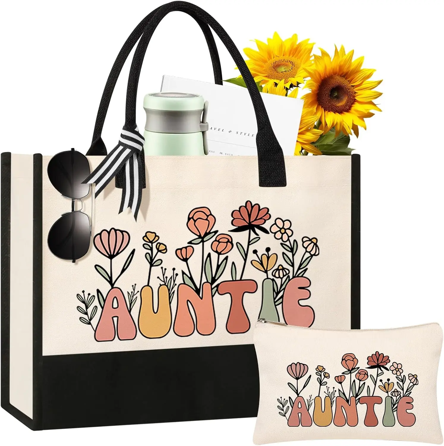 Auntie Birthday Gifts, Canvas Tote Bag with Makeup Bag for Women, Personalized Gifts - Beige, Medium (15" x 4" x 10")