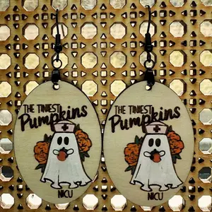 NICU Nurse Tiniest Pumpkin Earrings - Cute Ghost Design with "The Tiniest Pumpkins" Text and NICU Logo