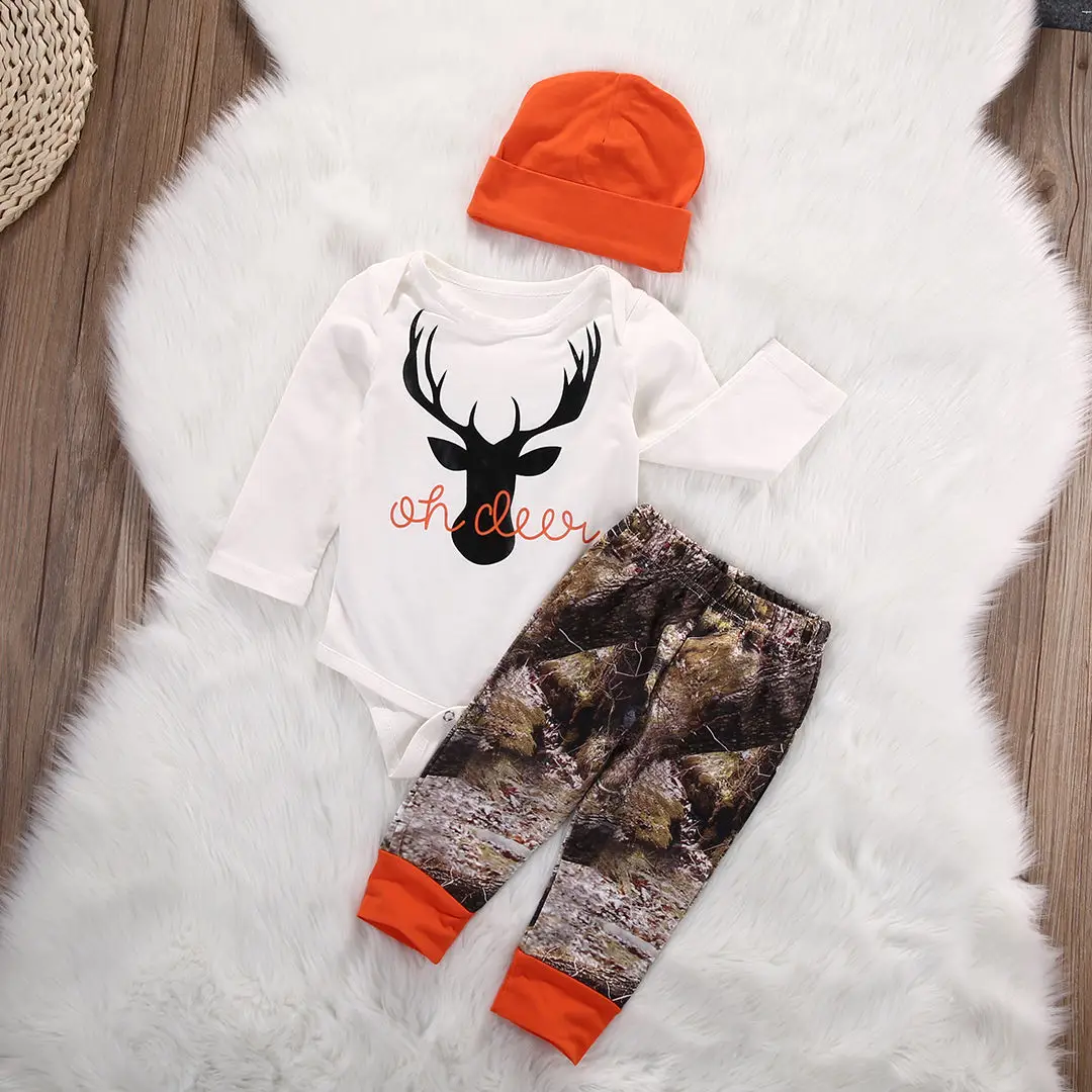 Newborn Baby Boy Clothes Deer Print Romper+Camouflage Pants+Hat Outfits Set Infant Long Sleeve Bodysuit 3PCS Clothes Set