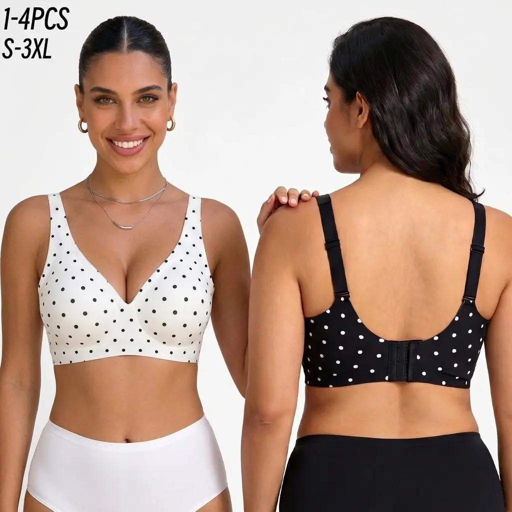 1/2/3/4PCS Jelly Bra Polka Dots Deep V Seamless Bras Wireless Everyday T-shirt Bra Plunge with Wide Straps Comfort & Sexy S M L XL XXL 3XL