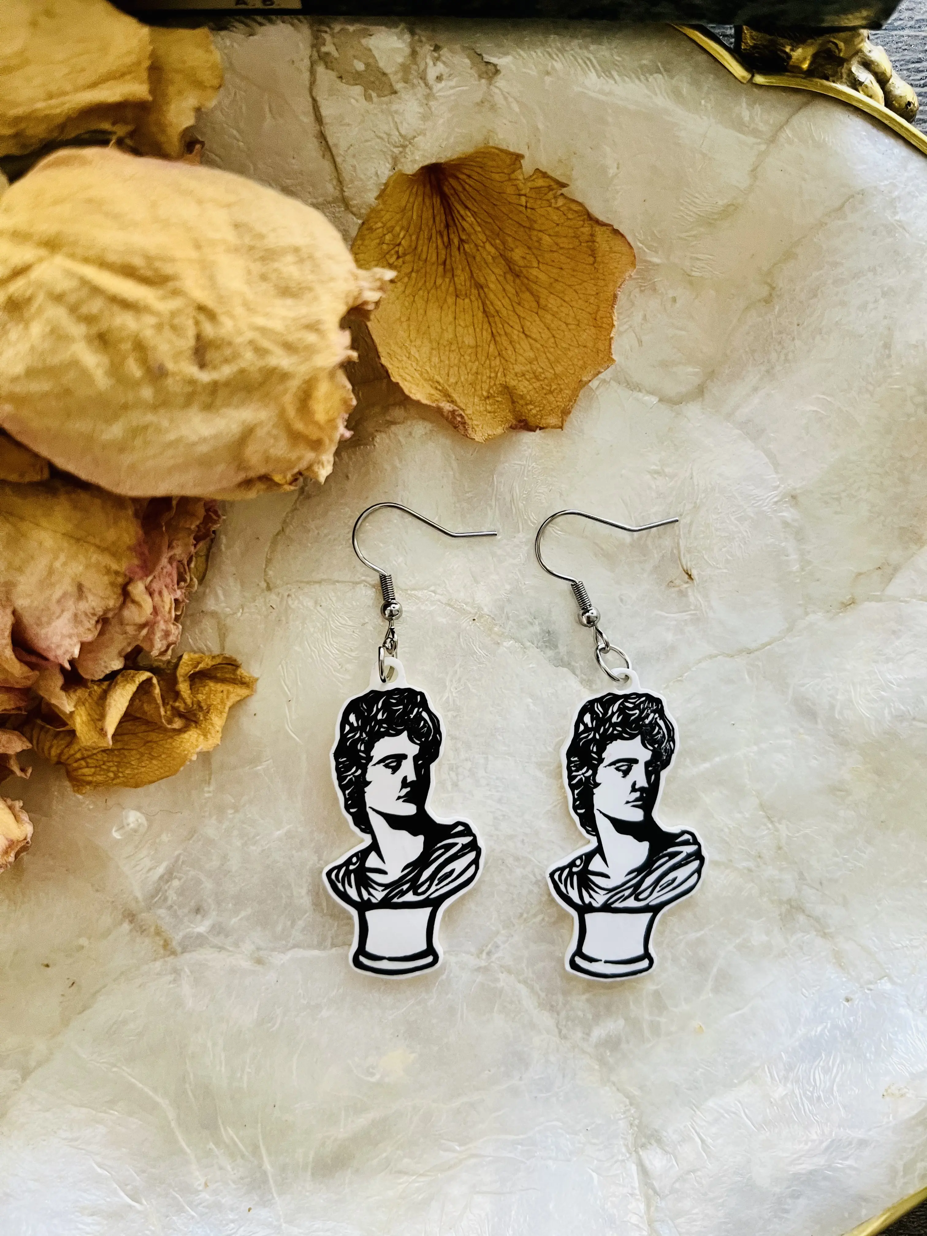 Greek statue of Apollo dangle shrink plastic earrings - dark academia inspired