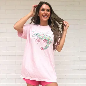 Floral Shrimp, Watercolor Coquette, Shrimp by the sea, on the coast, Small Coastal Town T-shirt