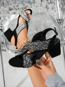 Women's Fashionable Glitter Decorated High Heel Ankle Strap Sandals, Elegant Round Toe Sandals for Daily Wear, Lightweight Breathable Comfortable Shoes for Women & Girls, Sparkly Sandals, Casual Trendy Sandals