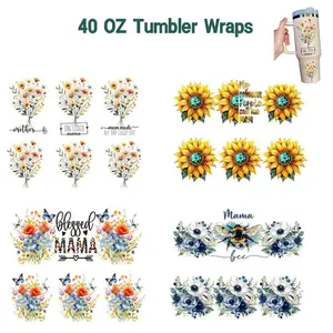 4 Set of 40 Oz UV DTF Cup Stickers, Mom Sunflower Bee Pattern 3D Decals, Durable Mixed Color Transfer Paper for DIY Projects Craft