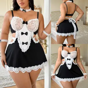 veralntima Elegant French Maid Costume Lingerie Set for Women, Plus Size Lace Babydoll Dress with Bow Detail, Choker and Wrist Cuffs, Sheer Mesh Role Play Outfit, Stylish Cosplay Nightwear for Halloween, Valentine's Day & Honeymoon