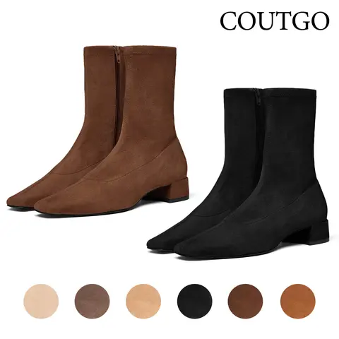 Coutgo Women's Fashion Chunky Block Low Heel Square Toe Suede Zipper Ankle Booties - Women's PU Footwear Shoe