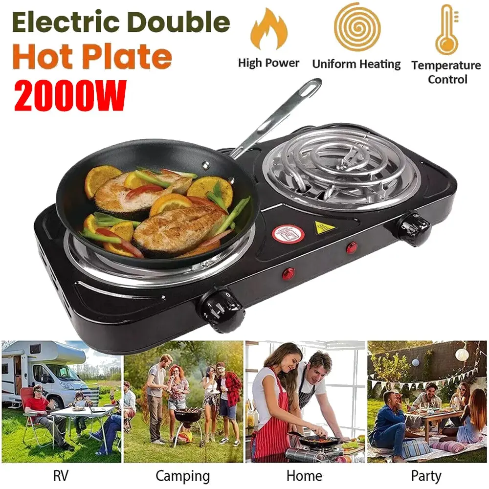 Home Electric Countertop Cooktop - 2000W Compact Portable Double Coiled Burner with Adjustable Temperature Controls, Black