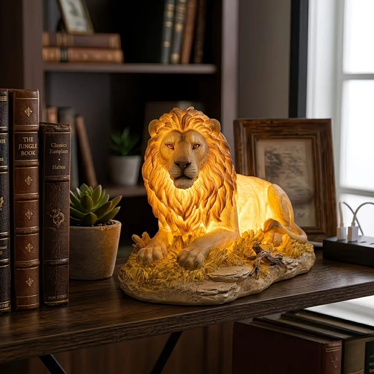 Portable Animal Lion Night Light - Hand-Painted Resin Sculpture Table Lamp, USB Powered, 1-Touch Switch Warm White LED, 3D Internal Glow, Realistic Details, Room Accessories for Bedroom Home Decor, Night Aesthetic Dream Room Indoor Lighting