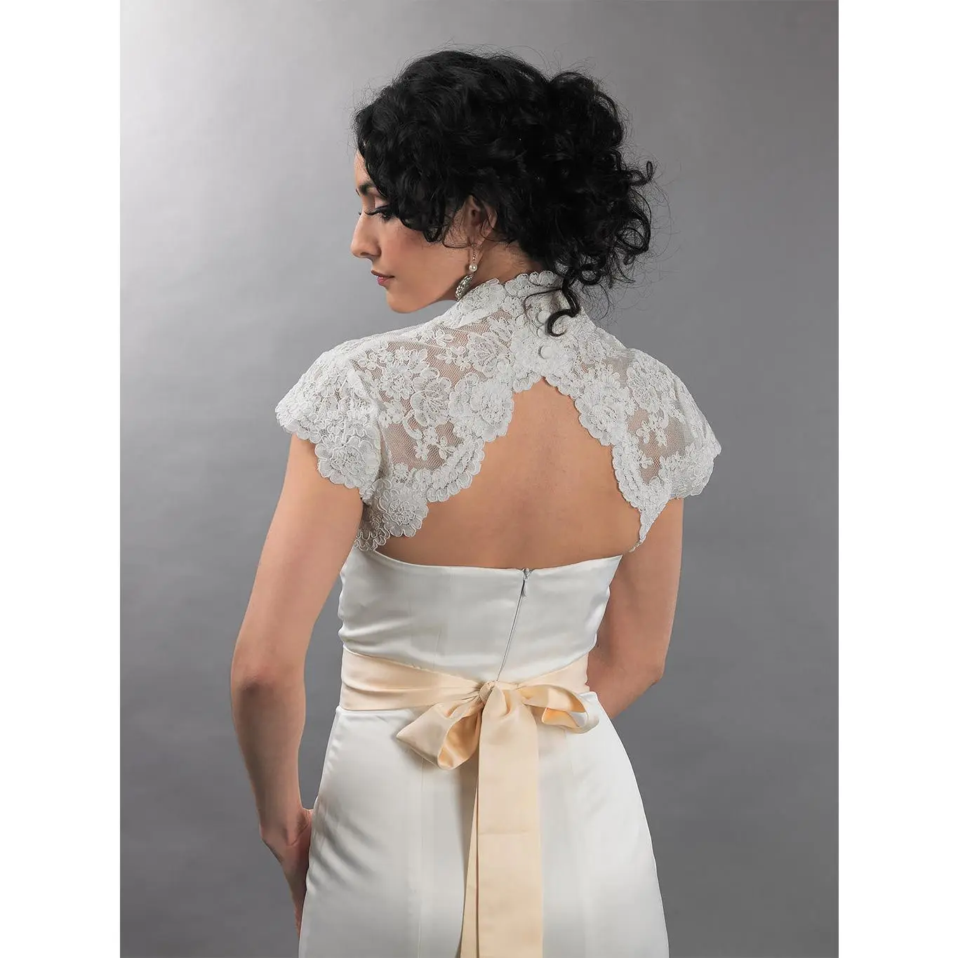 Cap sleeve alencon lace bolero jacket keyhole back