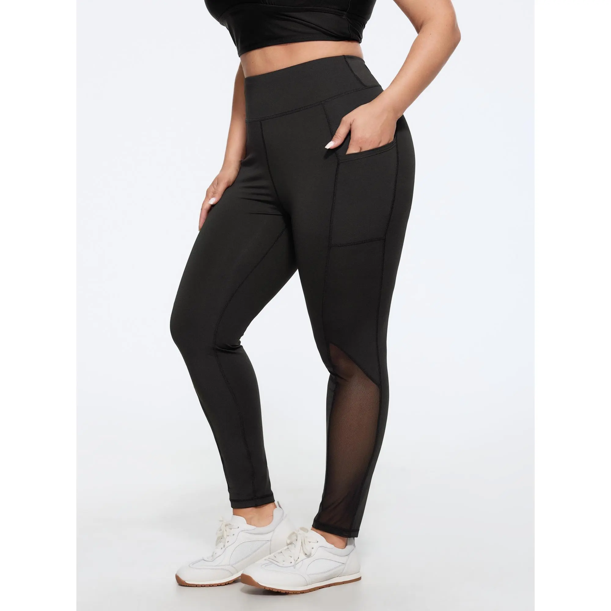 BloomChic Plus Size Stretch Mesh Panel Side Pocket Yoga Leggings[M-6X] Back To School,Spotlight Day