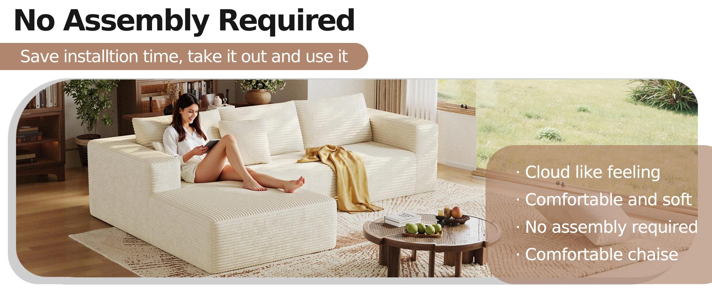 108” Modular Sectional Cloud Sofa For Living Room Modern Minimalist Couch With L-shaped Chaise Upholstered Corduroy Couch , Deep Seat, No Assembly Required