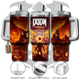 HardTimesMerch - Doom Eternal 40oz Handle Tumbler Stainless Steel Travel Mug, Anime Inspired Vacuum Insulated Cup, Large Iced Coffee Tumbler, Manga Fighter Drinkware, Otaku Gift for Him Her