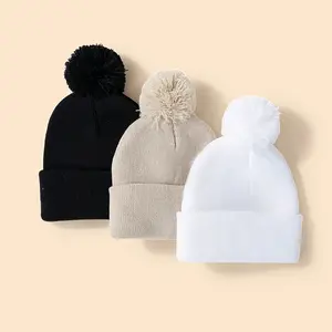 Set of 3 Women's Knit Beanie Hats with Pom-Pom - 100% Acrylic, Elastic, Breathable, Hand-Knitted Skullies
