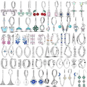 Luxury Earrings 925 Sterling Silver Original Feather Clover Round Circle Geometry Hoop Earrings For Women Wedding Jewelry Gift