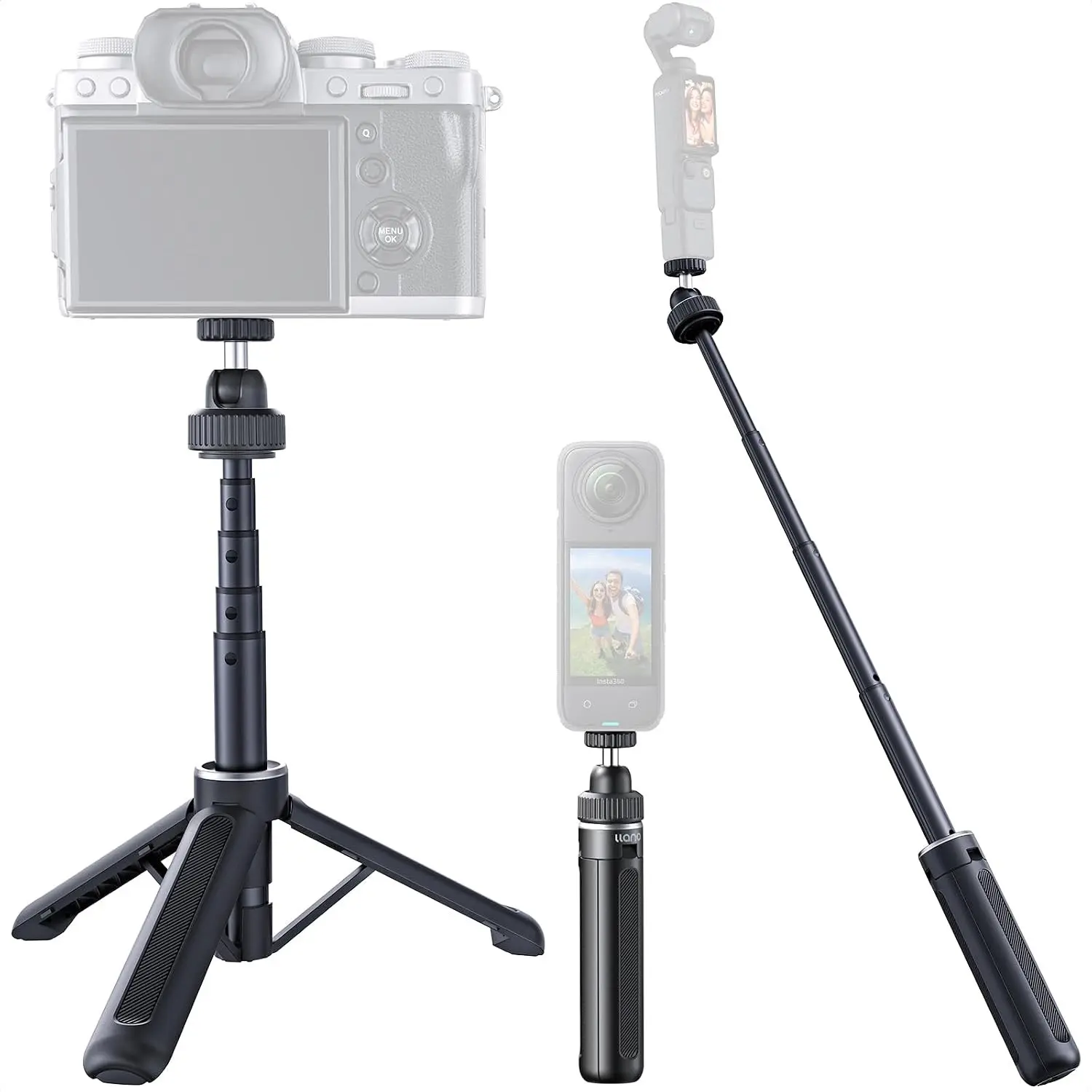 Llano 16"/40cm Action Camera Tripod for DJI Osmo Pocket 4/3, Insta360 X5 X4 X3, Gopro Hero13/12, Extendable Mini Tripod with 1/4'' Screw, Small Selfie Stick for Sony, Canon, 360° Ball Head, Black