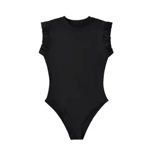 Women’s solid bodysuit with butterfly sleeves and a buttoned crotch; casual cap-sleeve round-neck summer bodysuit; ladies’ clothing for everyday wear