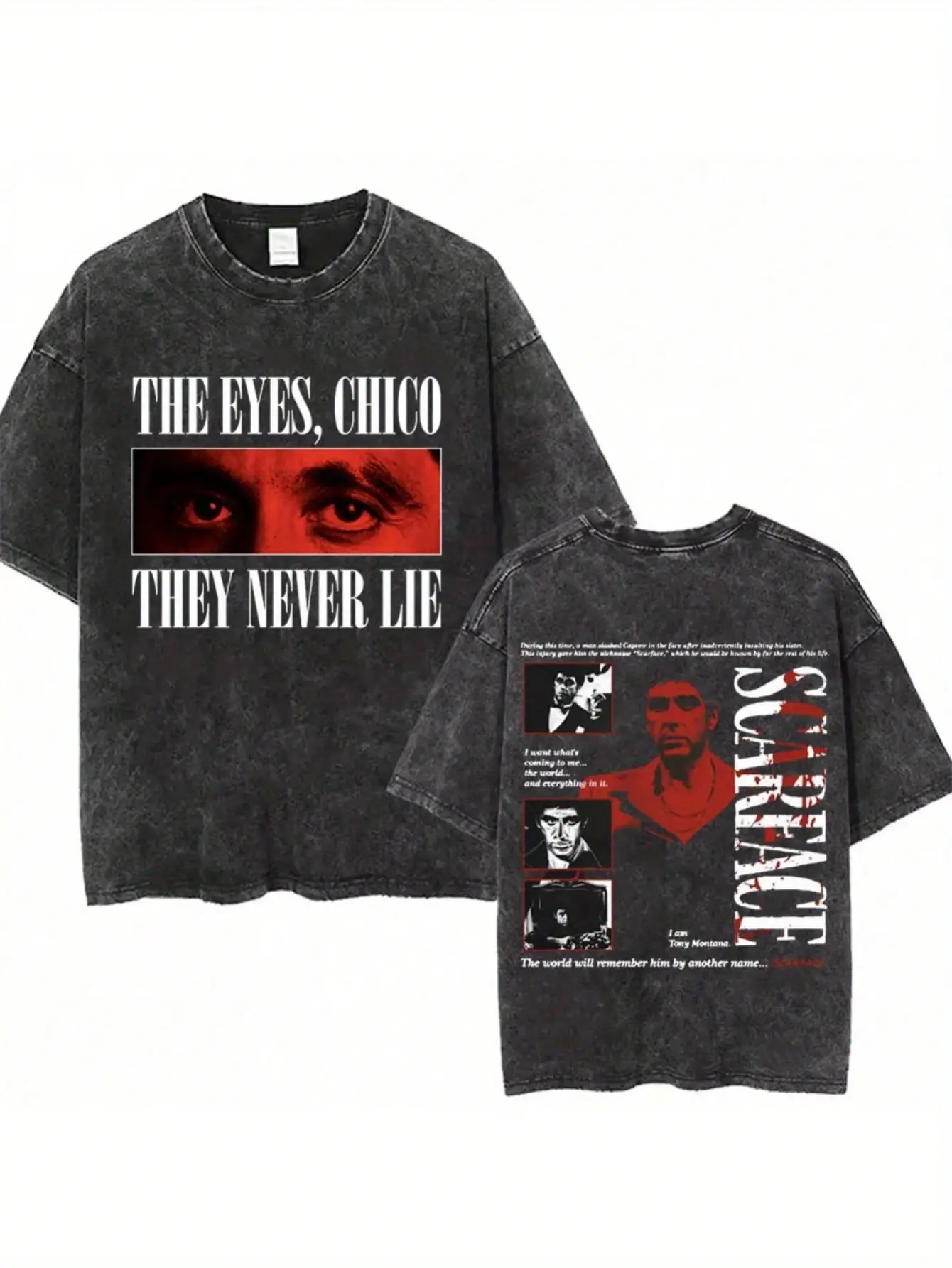 Menswear Round Neck Short-Sleeve Oversized T-Shirt - Retro Washed Black, "The Eyes They Never Lie" Gangster Movie Quote Graphic Print, Loose Fit Top for Men, Casual Streetwear for Daily & Outdoor Wear, Shortsleeve, Tshirt