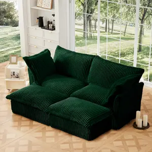 Slipcovered Sofa 2 Seater Sofa    With 2 Ottomans, 2 Seater Sleeper Sofa Bed Home Theater Oversized Sofa For Living Room, Corduroy, Green