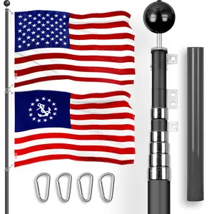 G128 Combo Pack: 20 Ft Telescoping Aluminum Flagpole (Black) & American and USA Yacht Ensign Flags 3x5 Ft, Both ToughWeave Series Embroidered Polyester | Pole with Flags Included