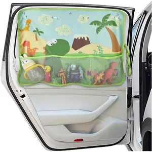 Car Window Shade For Baby, Blackout Car Window Curtain With Storage Pockets & 7 Suction Cups, Cartoon Pattern Cars Side Window Sun Shade Cover For Sun/Heat/UV Rays Protection (Green-Dinosaurs)