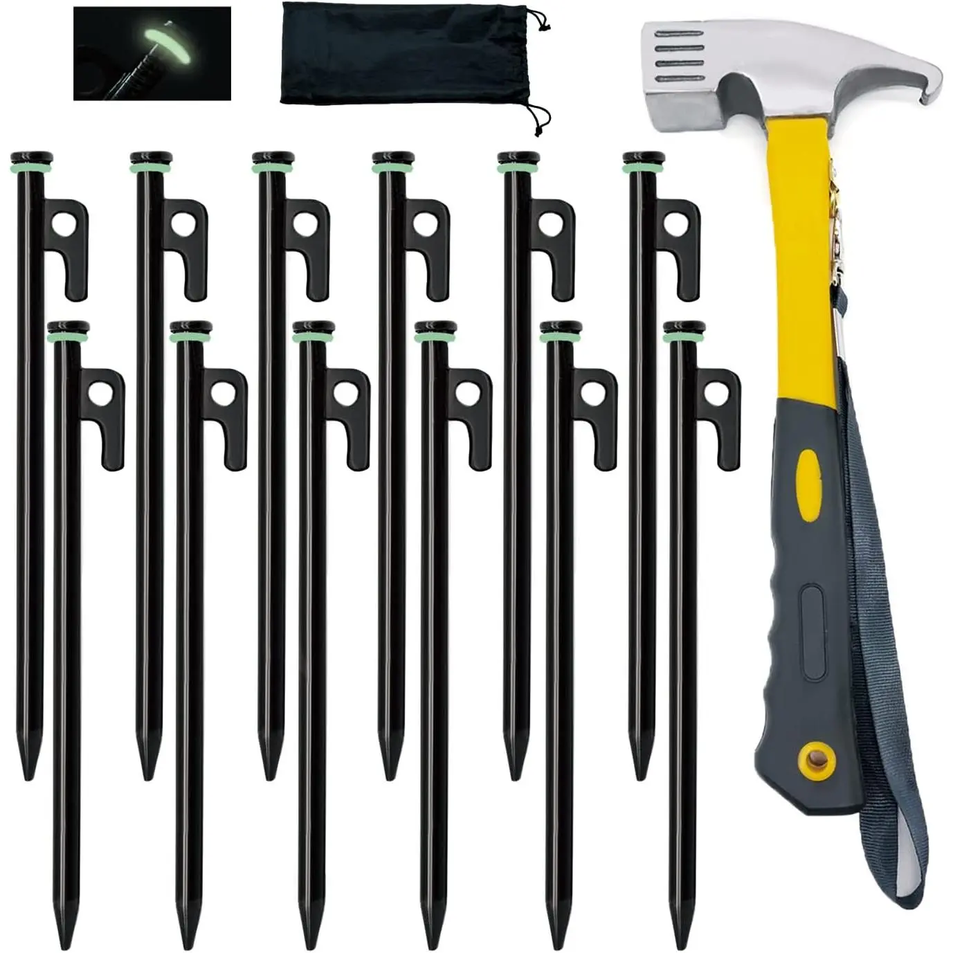 8/12/16Pack Tent Stake with Hammer, 8/10/12/16in Heavy Duty Tent Stakes + 10in Camping Hammer+Storage Pouch, Forged Steel Stakes Used on Rocks (12 Pack 10in Tent Stakes+Hammer)