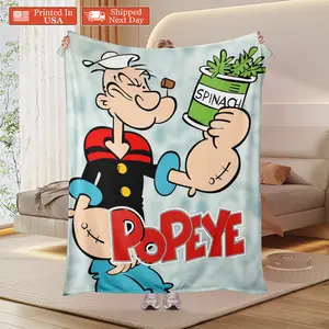 Popeye The Sailor Man Spinach Can Throw Blanket, Retro Cartoon Popeye Fleece Blanket, Soft Flannel Blanket for Bed Couch, Nostalgic Gift for Classic Cartoon Fans