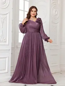 Elegant Plus Size V Neck Lantern Sleeve Fitted Women's Dress, Solid Color Fabric with 3D Flower Decoration, Perfect Formal Evening Gown for Special Occasions