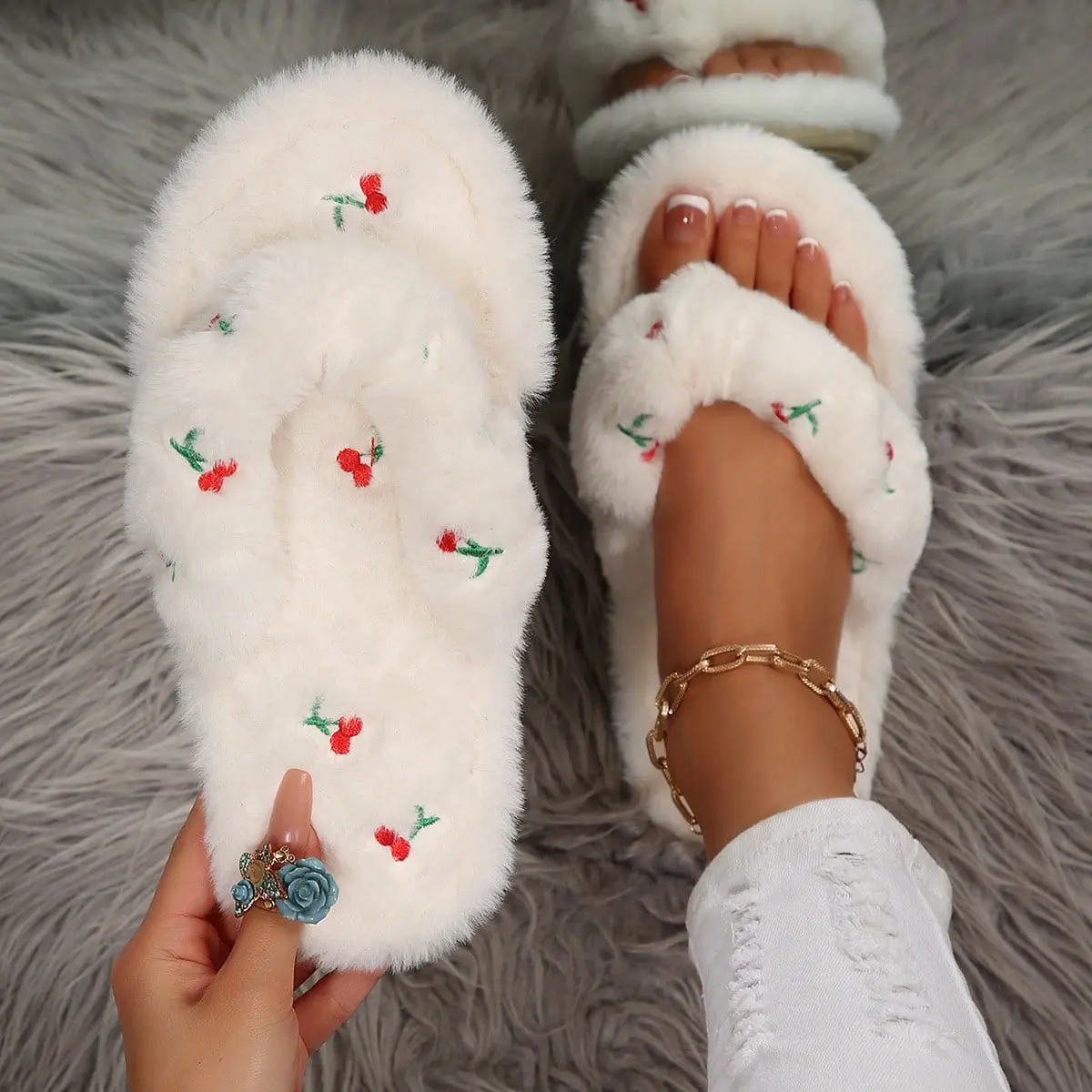 Cherry Embroidery Fuzzy Open-Toe Slippers for Women, Criss-Cross Strap Design, Non-Slip Soft Sole, Casual Home & Outdoor Wear for Fall & Winter