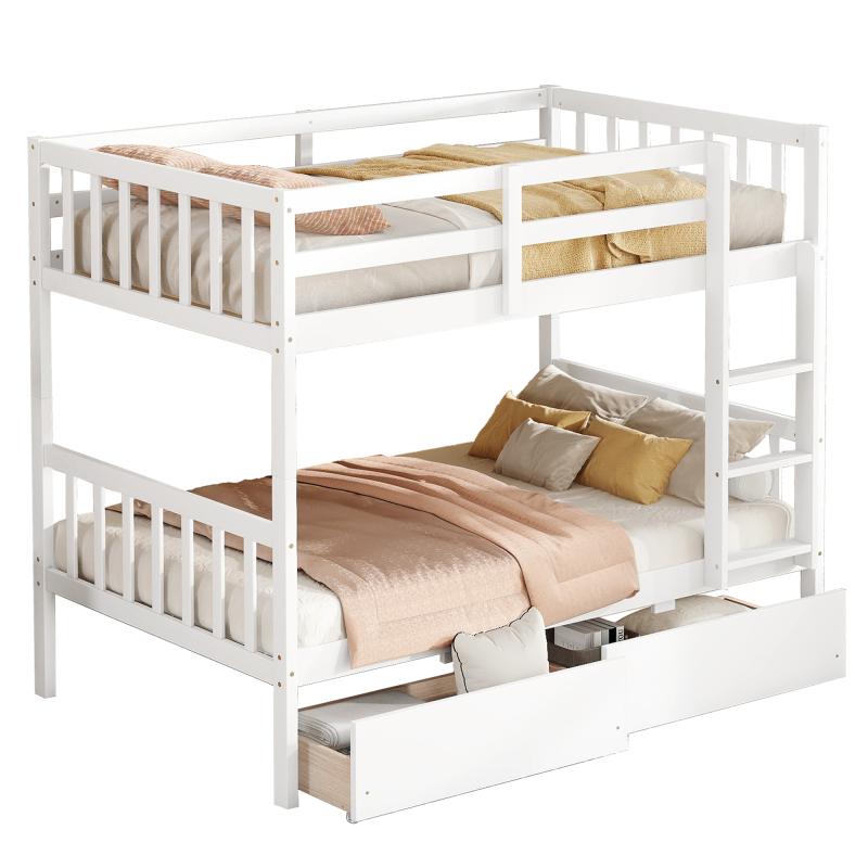 Twin Over Twin Rubber Wood Bunk Bed Frame with 2 Storage Drawers, Convertible into 2 Twin Beds, Twin Size Bunk Bed with Ladder and Safety Guardrails Twin Over Twin Rubber Wood Bunk Bed Frame with 2 Storage Drawers, Convertible into 2 Twin Beds, Twin Size Bunk Bed with Ladder and Safety Guardrails
