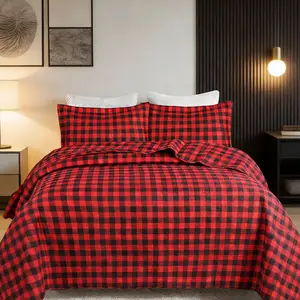 3 Pcs Red Buffalo Plaid Check Quilt Bedspread Set Gingham Bedding Set Flat Weave Polyester Fabric Queen King Sizes Year Round Comfort