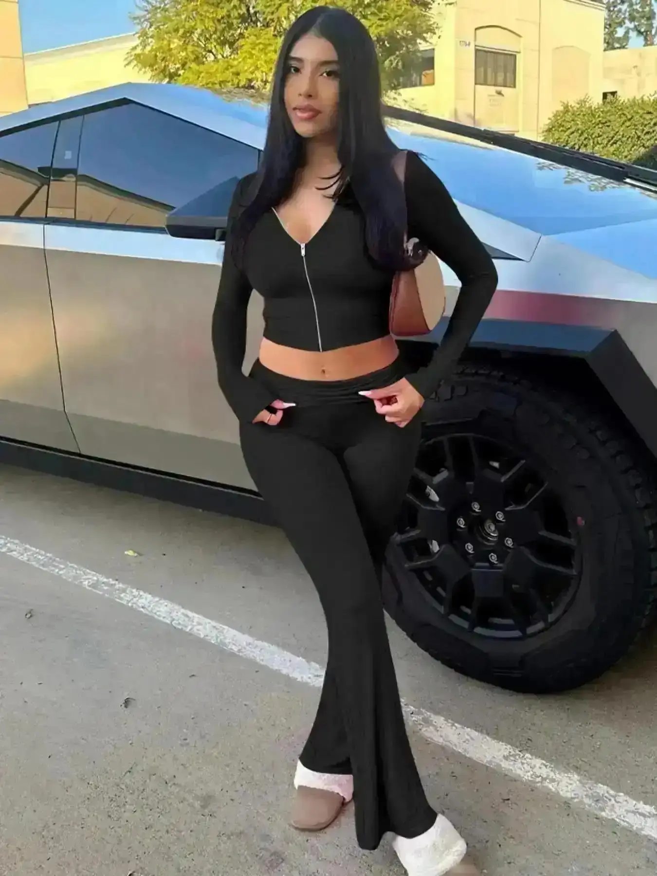 2026 Women's Solid Zip Up Hooded Crop Hoodie & High Waist Flare Leg Pants Set Casual Long Sleeve Top & Bell Bottom Trousers for Spring Fall Y2K Streetwear, Daily Grind, Casual Cool, Brunch Outfit, Everyday Chic