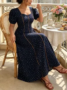 Plus Size Women's French Navy Floral Dress, Square Neck Bubble Sleeve Waist Cinch, Loose-Fit Midi Dress, Casual Wear Ruffle Design, Vintage Tea Dress