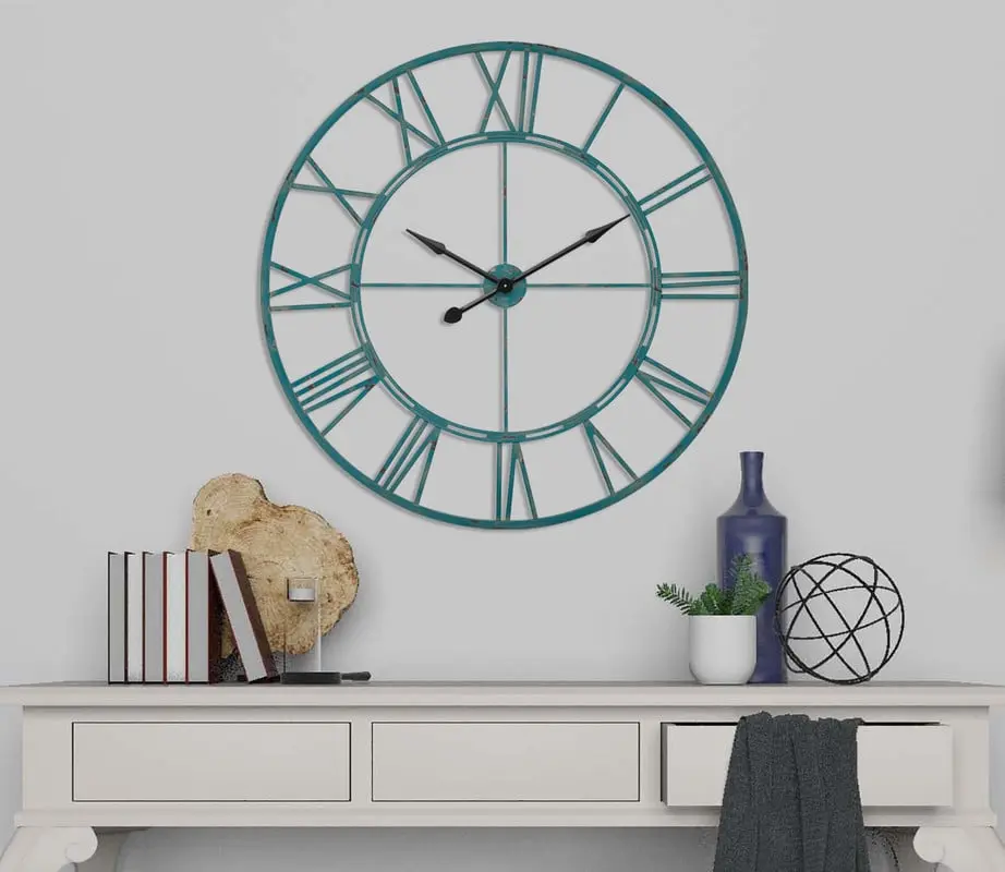 UTOPIA ALLEY CL71BL Oversized Roman Round Wall Clock - Large Wall Clock, Big Clocks For Living Room Decor Or Dining Room Decor, Roman Numeral Wall Clock, Decorative Wall Clock (43.5" Diameter, Sea Green)