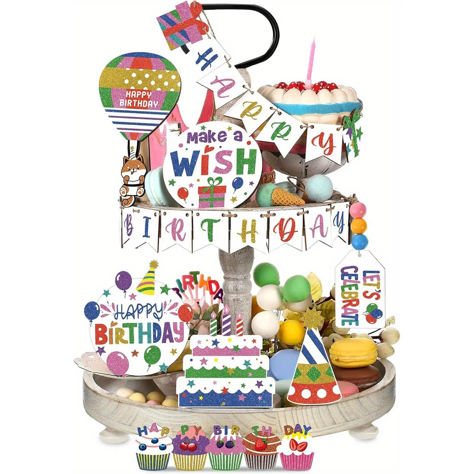 Birthday Cake Design Tiered Tray Decoration, 24pcs/set Colorful Birthday Party Decoration, Wooden Happy Birthday Desktop Decoration, Birthday Party Supplies, Ornaments