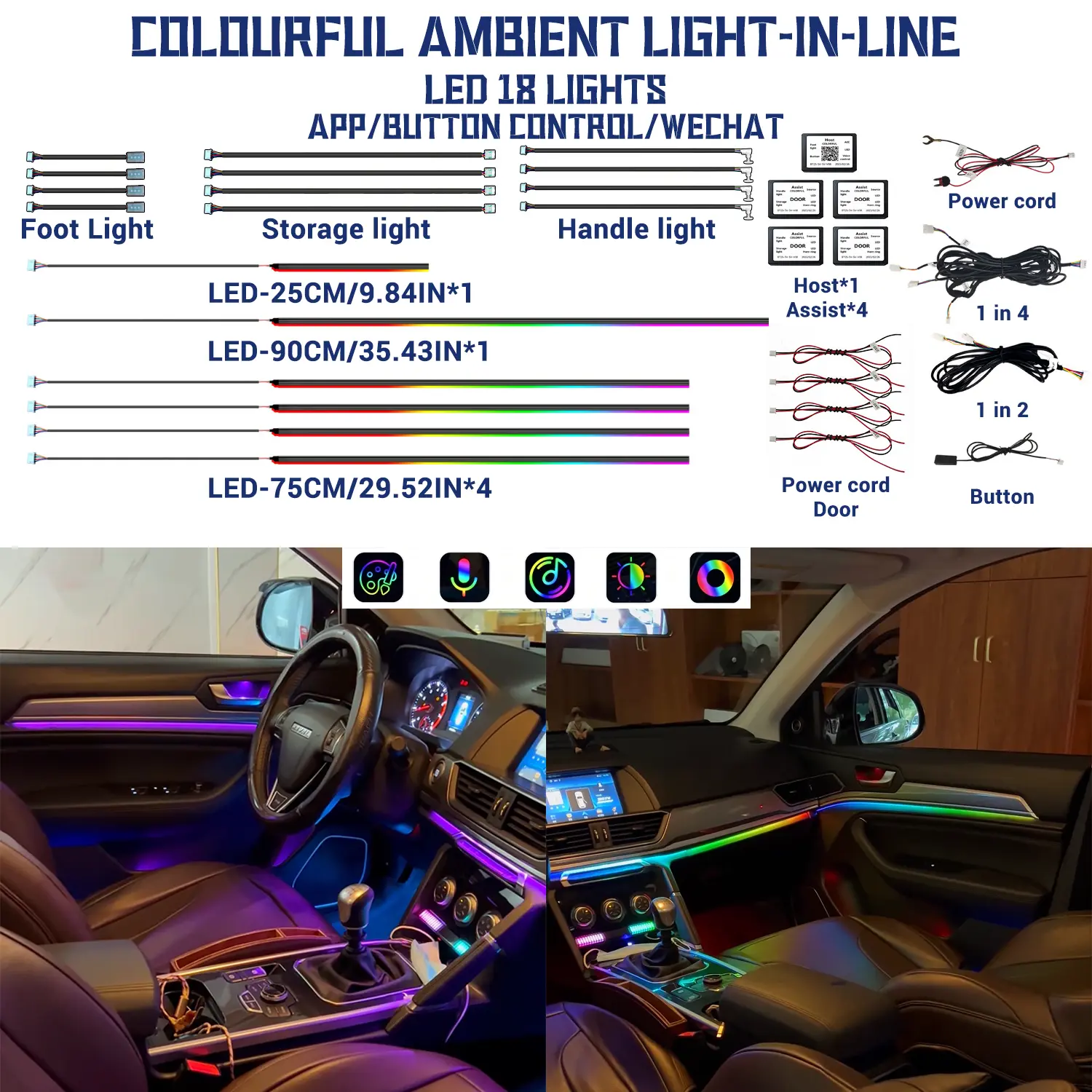 Car Ambient Light Kit RGB Music Sync – App Controlled 6-in-1 Interior LED Lights with 18 LEDs for Dash/Door/Handle/Footwell/Storage, Universal Fit, 18/10/6 LEDs Options