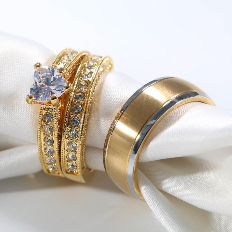 Ringcrown Couple Rings Matching Ring Heart 1ct CZ Yellow Gold Plated 2pcs Women Wedding Ring Sets For Him And Her Ring Men Tungsten Steel Wedding Band