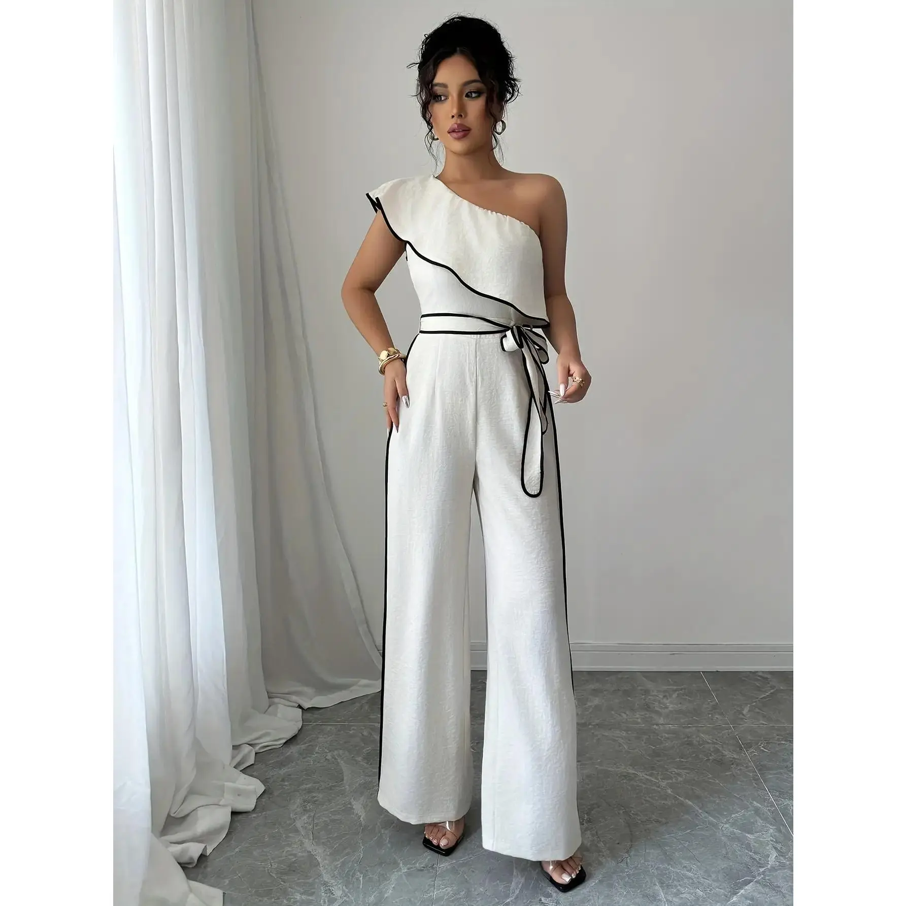 Women's Elegant Polyester Bodycon Fitted Asymmetric Sleeveless Plain Broad-Leg Overalls - Ruffle Detail, Evening Formal-Casual Outfit, 2-3 Season Wear, S-XL, No, 100% Polyester, Overall Jumpsuit campingessentials, Bodycon Look, Dry Clean, Fitted Cut