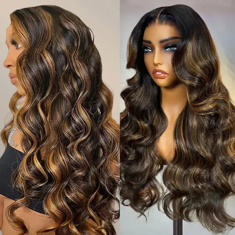 OQ Hair Highlight Balayage Color Body Wave Wig 200% Density Middle Part Wear Go T Part Lace Pre Plucked Human Hair Wigs With Smart Clips #TikTokShopFallDealsForYou