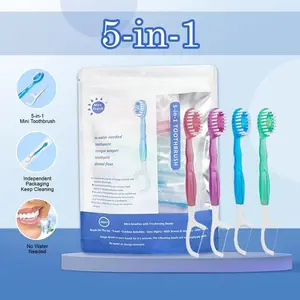 26 Pack 5-in-1 Disposable Mini Travel Toothbrushes - Butter on Gums Softex Bristles, Pre-Pasted Toothbrush, Toothfloss, Toothpick & Tongue Scraper - No Rinsing Needed for Work Travel - 4 Flavors,Individually Wrapped-Independent Hygiene,Party Gifts