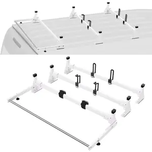 VEVOR Trailer Ladder Rack, 54 3 Crossbars Ladder Roof Rack, Heavy-duty Steel Van Roof Rack, 800 lbs Capacity Van Ladder Rack with Cargo Roller and Straps, Fit for Ford Transit 150 250 350, 2015-2022