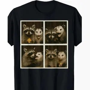Meerkat & Raccoon Selfie Studio Retro T-Shirt| Unisex Heavyweight Cotton| All-Season Casual & Themed Event Tee| Gift for Animal Lovers Menswear Round Neck Top Flowers Man Tshirt Fabric