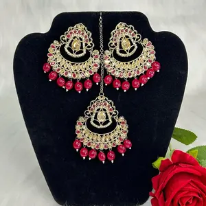 Desi Gold Tone Stylish Earrings and Tikka Set with Elegant Design