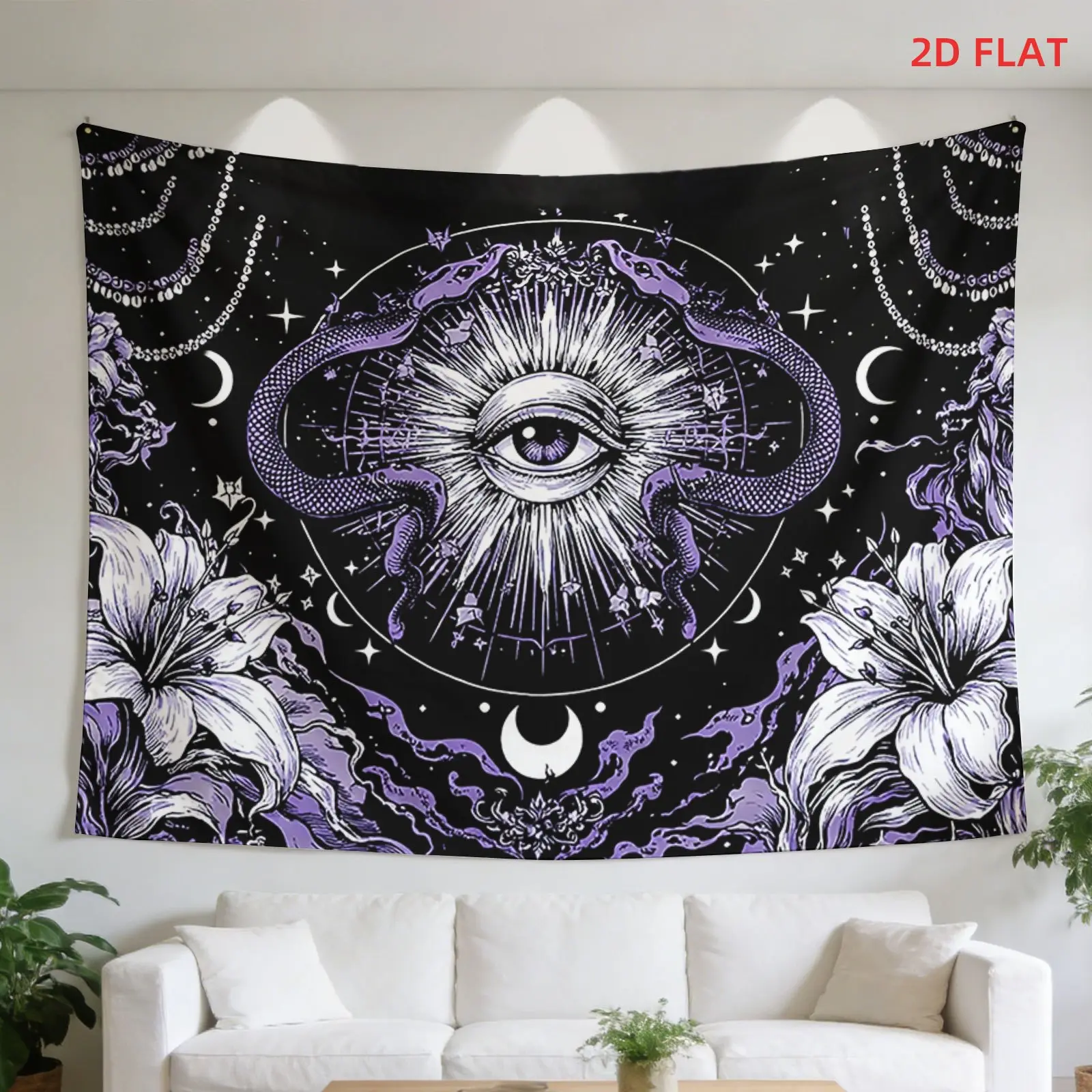 Large Rectangular Fantasy Tapestry - Indoor/Outdoor Wall Decor, 2D Home Wall Hanging with All-Seeing Eye, Snakes, Lilies, Moons, Mystic Symbols for Bedrooms, Meditation Spaces